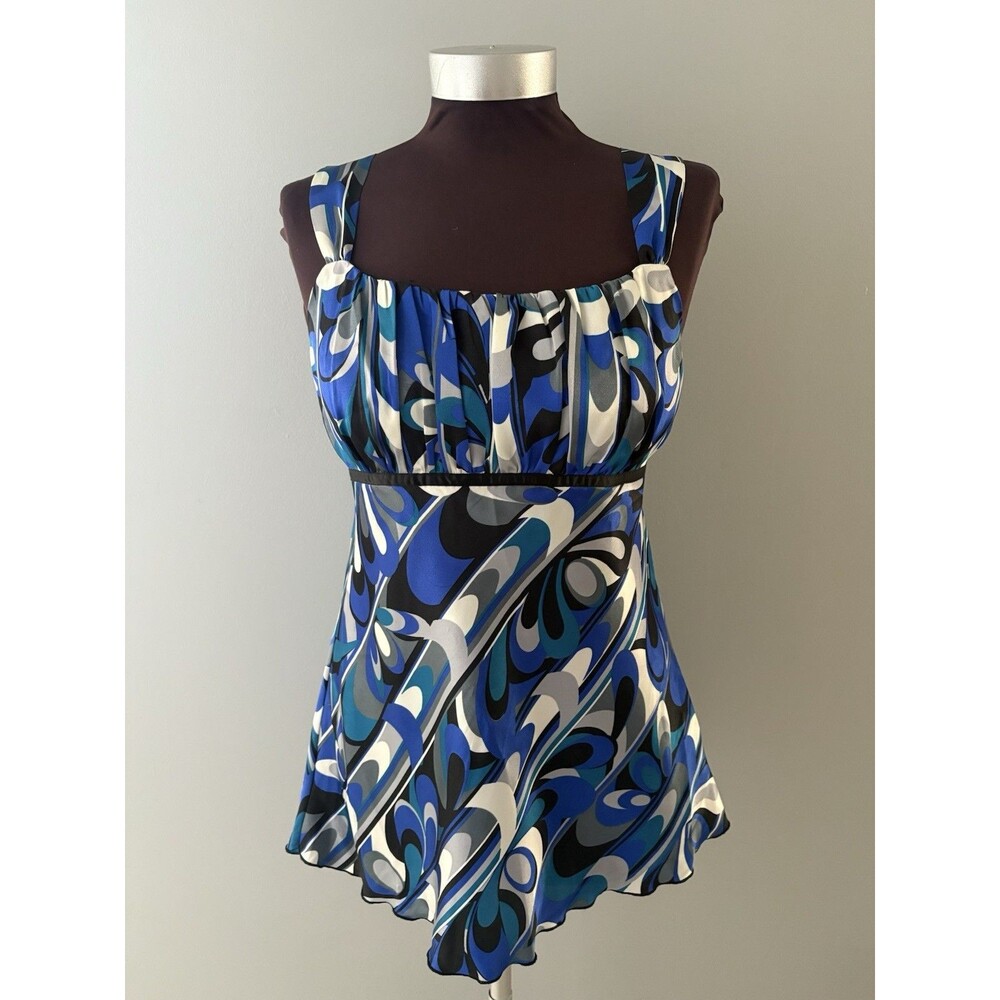 Vintage B Wear Y2K Satin Cami Babydoll Tank Top Fairy L Blue Black Swirl Empire